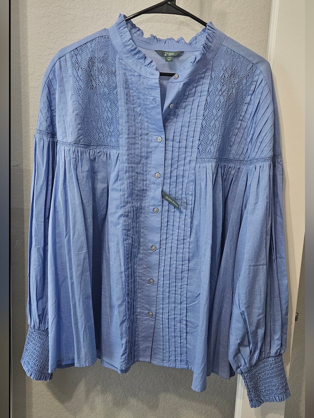 Terra & Sky Light Blue Button-Front Pintuck Blouse Plus Size